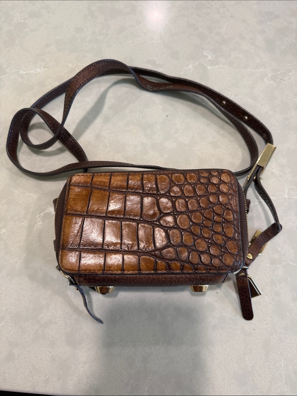 G.I.L.I. QVC Brown Croc-Embossed Leather Micro Crossbody Bag, Vintage Used